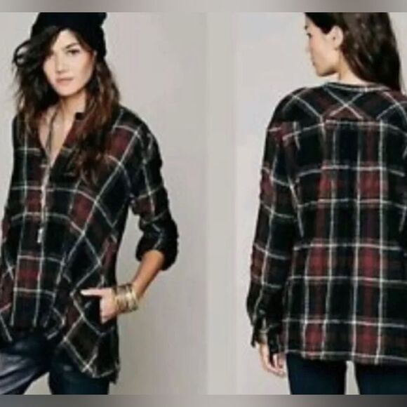 Free People Shirt jacket plaid brown and black pull over size Medium EUC - Picture 1 of 11